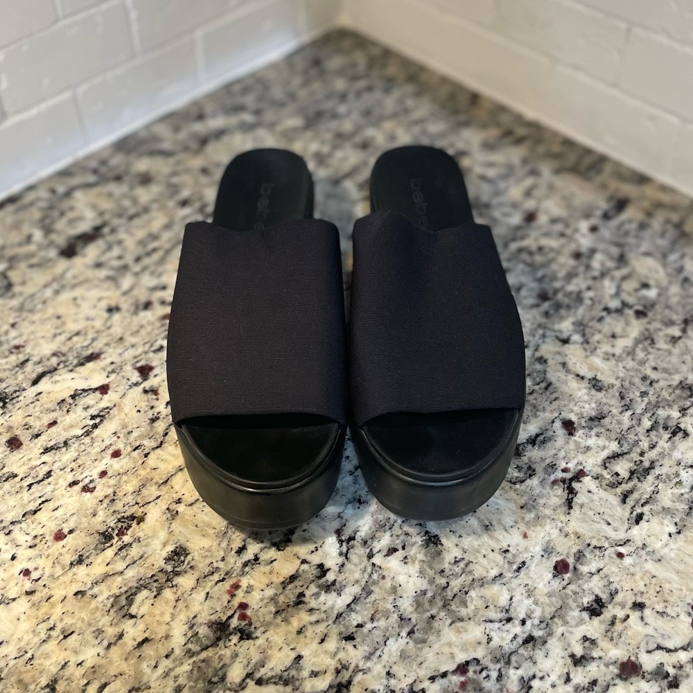 Bebe Black Platform Sandals Stretch Fabric Vtg Slides 90's Y2K Women Us size 6
